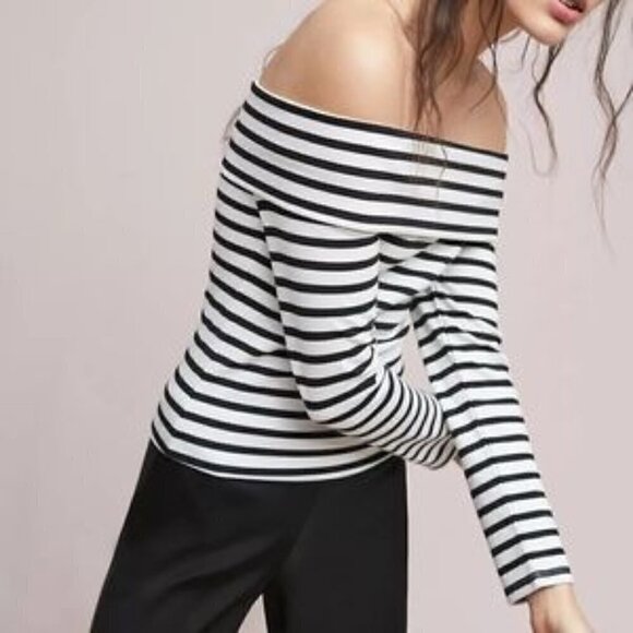 Maeve/ANTHROPOLOGIE white and black striped Alta off-the-shoulder top size small - Picture 1 of 9